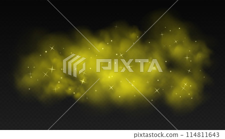 Yellow magic smoke with stars and sparkles, fog with glowing particles, colorful vapor with star dust. 114811643
