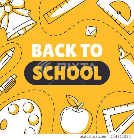 Back to school square poster, vector minimalist design with school supplies, stationery, bell, line icons. Education, learning, knowledge concept. For social media, post, banner, flyer, advertising Back to school square poster, vector minimalist design with school supplies, stationery, bell, line icons. Education, learning, knowledge concept. For social media, post, banner, flyer, advertising 114811983