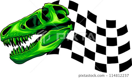 skull of dinosaur tyrannosaurus rex with race flag 114812237