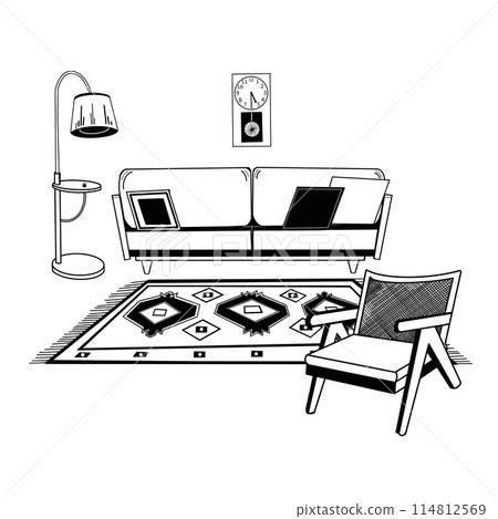 Vector illustration. Vintage interior design, armchair, sofa, carpet, floor lamp, wall clock. Everything is hand-drawn in black vector. Suitable for printing on paper and fabric, for interior design. 114812569