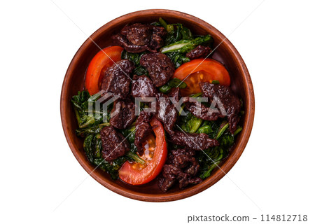 Delicious warm salad of chicken liver, spinach, arugula, tomatoes Delicious warm salad of chicken liver, spinach, arugula, tomatoes 114812718
