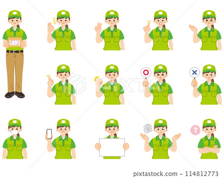 女快遞員臉部表情與手勢插畫素材集 114812773