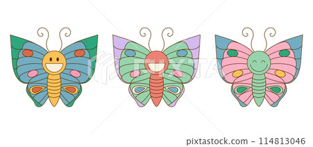 Smiling groovy cute butterfly characters set. Hippie retro style. Insect icons. Vector illustration 114813046
