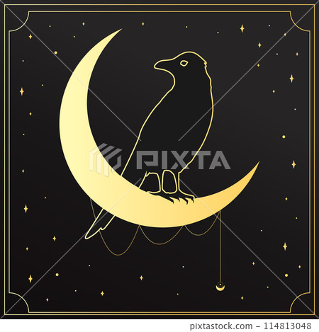 Golden crow sitting on a crescent emblem. Mystery, astrology, esoteric. Vector illustration 114813048