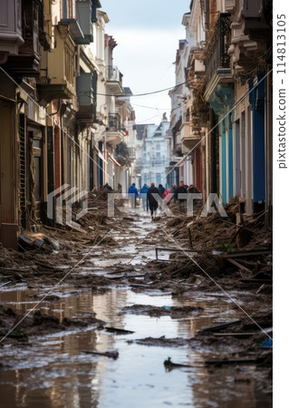 Devastating Coastal Flood Engulfs Buildings During Natural Cataclysm at Daybreak 114813105