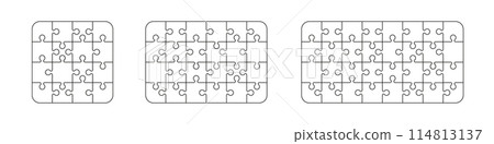 puzzle 16 ,24 and 32 pieces game template set. Jigsaw picture texture collection. Flat vector illustration isolated on white background. 114813137