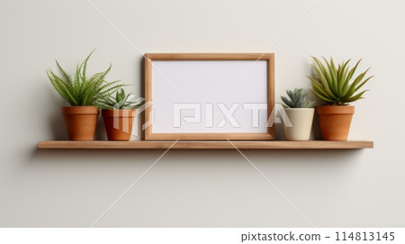 Blank Picture Frame on Wooden Shelf With Potted Plants Against a White Wall 114813145