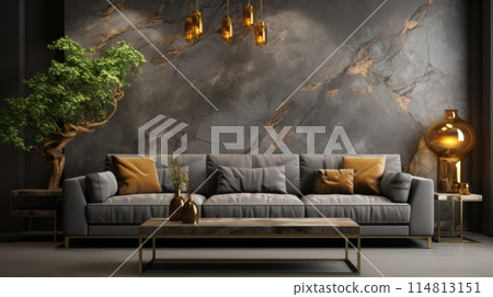 Elegant Modern Living Room Design With Stylish Grey Sofa and Decorative Plants 114813151