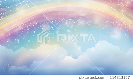 Ethereal Rainbow Arcing Across a Pastel Sky Above Fluffy Clouds at Dusk 114813167