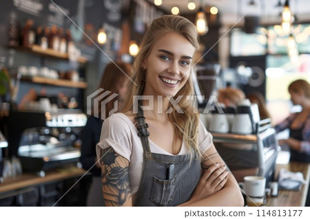 Radiant Tattooed Barista Smiles Warmly During a Bustling Morning Shift at a Cozy Coffee Shop 114813177
