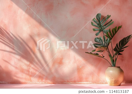 Green Potted Plant Against a Pink Wall With Sunlight Casting Shadows 114813187