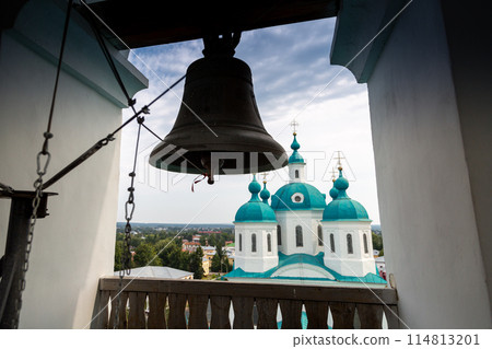 View of the Spassky Cathedral and the city of Yelabuga from the bell tower of the Spassky Cathedral on a sunny spring day. Yelabuga, Tatarstan, Russia 114813201