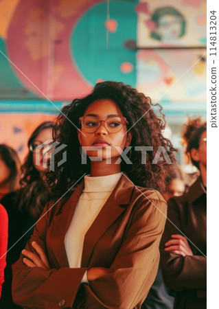 Confident Young Woman Stands Out in a Buzzing Urban Art Gallery Event 114813204