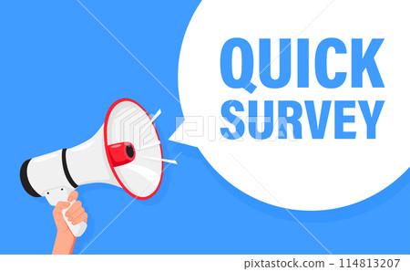 Quick survey. Hand hold megaphone speaker for announce. Attention please. Shouting people, advertisement speech symbol 114813207