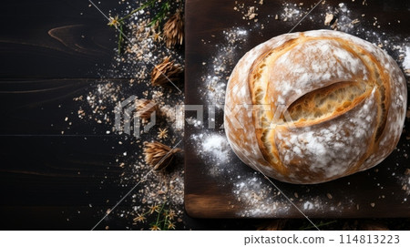 Artisanal Sourdough Bread Freshly Baked on a Rustic Wooden Board Amidst Flour Dust 114813223