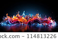 Vivid Neon Flames and Droplets in a Surreal Dark Background Illustration 114813226