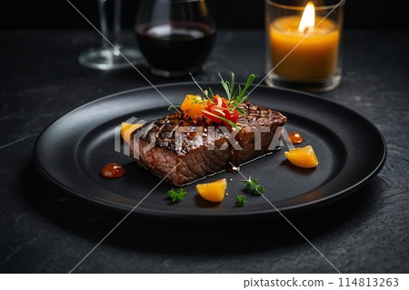 on a black table there is a stylish graphite plate and an exquisite restaurant dish in it. close-up on a black table there is a stylish graphite plate and an exquisite restaurant dish in it. close-up 114813263