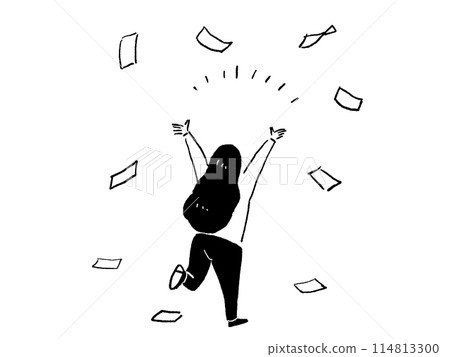 Back view of a woman celebrating with flying money and hands raised, monochrome Back view of a woman celebrating with flying money and hands raised, monochrome 114813300