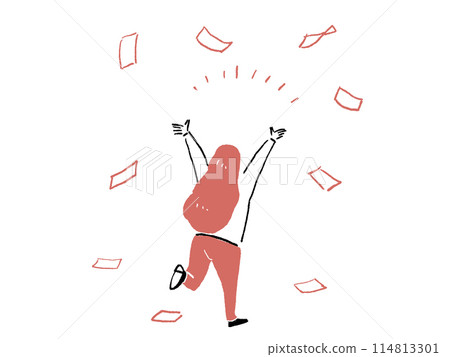 Back view of a woman celebrating with flying money and hands raised Back view of a woman celebrating with flying money and hands raised 114813301