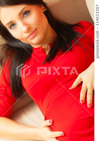 pregnant woman relaxing on sofa touching her belly pregnant woman relaxing on sofa touching her belly 114813307