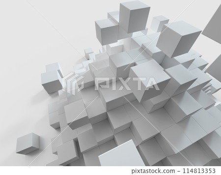 Pyramid of white cubes collapsing. 3D illustration of stacked cubes Pyramid of white cubes collapsing. 3D illustration of stacked cubes 114813353