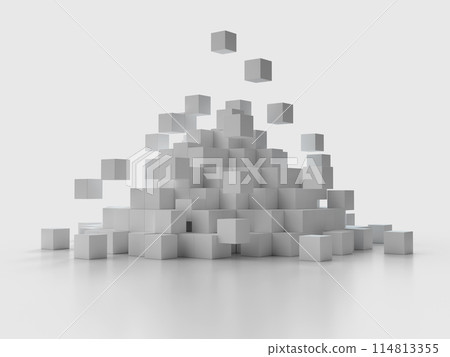 Pyramid of white cubes collapsing. 3D illustration of stacked cubes Pyramid of white cubes collapsing. 3D illustration of stacked cubes 114813355