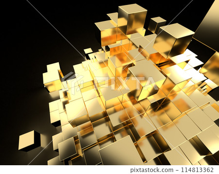 Collapsing pyramid of gold bars. 3D illustration of stacked cubes Collapsing pyramid of gold bars. 3D illustration of stacked cubes 114813362