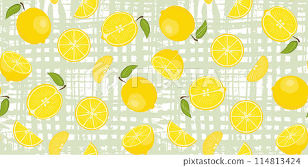Bright vector seamless pattern with hand drawn yellow lemons on light green crossed brush strokes background. Fresh citrus fruits texture for textile, wrapping paper, surface print, wallpaper design 114813424