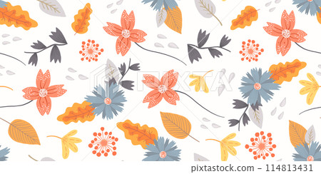 Blue and orange floral seamless pattern with hand drawn daisy flowers and leaves. Cute folk drawing red and gray bouquets of blossoms and herbs print for textile, wrapping paper, surface, wallpaper Blue and orange floral seamless pattern with hand drawn daisy flowers and leaves. Cute folk drawing red and gray bouquets of blossoms and herbs print for textile, wrapping paper, surface, wallpaper 114813431