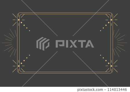Golden celestial minimal esoteric frame, thin line border, mystyc linear decoration with dots, moon, stars corners isolated on dark background. Geometric shape, tarrot  114813446