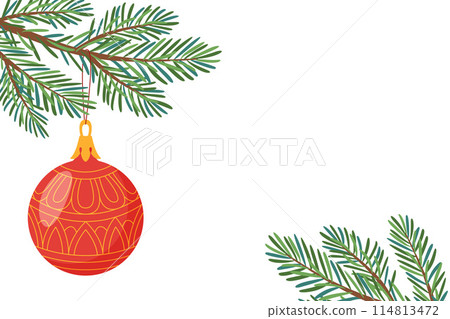Christmas tree branch with red christmas ball. Hand drawn flat style 114813472