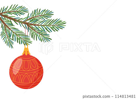 Christmas tree branch with red christmas ball. Hand drawn flat style Christmas tree branch with red christmas ball. Hand drawn flat style 114813481