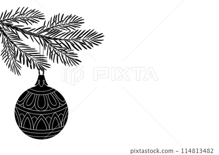 Christmas tree branch with christmas ball silhouette. Hand drawn doodle style 114813482