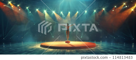 Vivid stage performance with central podium and dramatic lighting 114813483