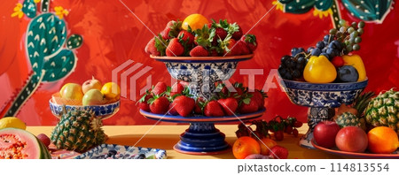 Colorful Spanish-themed fruit display on tri-tiered pop art podium Colorful Spanish-themed fruit display on tri-tiered pop art podium 114813554