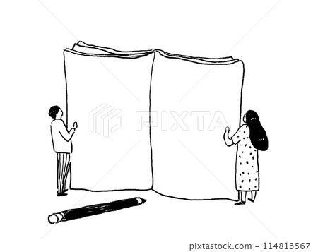 一本打開的筆記本（無邊框），一個男人和一個女人站在書的兩側，前景是一支鉛筆和鋼筆 114813567