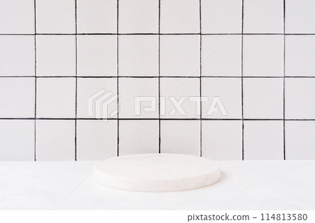 Marble white round podium for bathing products in bathroom Marble white round podium for bathing products in bathroom 114813580