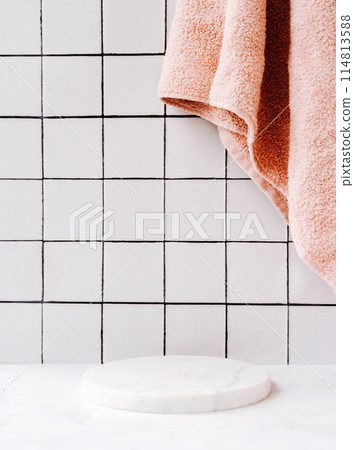 Marble white round podium for bathing products in bathroom Marble white round podium for bathing products in bathroom 114813588