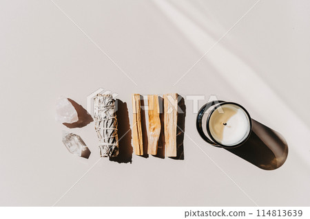 White sage and Palo Santo and amethyst and quartz crystals 114813639