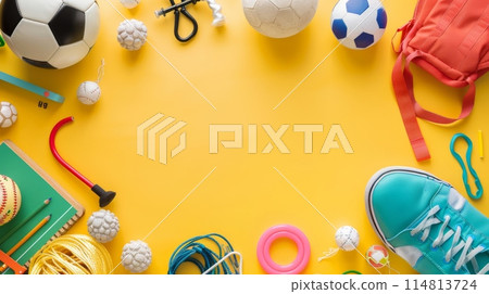 Colorful assortment of back to school sports and study supplies on yellow background Colorful assortment of back to school sports and study supplies on yellow background 114813724