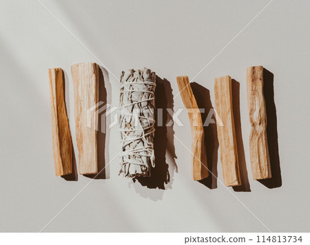 White sage and Palo Santo on a light beige background 114813734