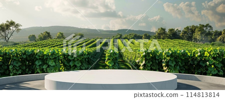 High-contrast outdoor mockup featuring a round podium with lush vineyard backdrop and scenic landscape 114813814