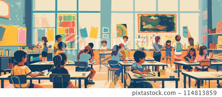 Lively elementary school classroom scene with students and teacher engaging in various activities 114813859