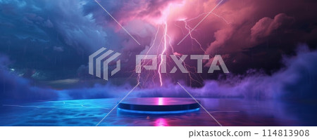 Dramatic lightning and stormy clouds above illuminated podium in surreal landscape 114813908