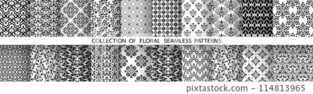 Geometric floral set of seamless patterns. White and black vector backgrounds. Damask graphic ornaments. 114813965