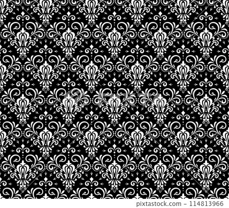 Wallpaper in the style of Baroque. Seamless vector background. White and black floral ornament. Graphic pattern for fabric, wallpaper, packaging. Ornate Damask flower ornament. Wallpaper in the style of Baroque. Seamless vector background. White and black floral ornament. Graphic pattern for fabric, wallpaper, packaging. Ornate Damask flower ornament. 114813966