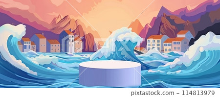 Vivid pop-art style coastal village with central podium and dynamic waves 114813979