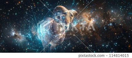 Dynamic depiction of Aries the Ram constellation in a cosmic starfield 114814015