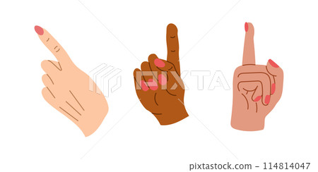 Flat hand drawn set of multiracial hands pointing up. Diverse body language. Vector flat doodle illustrations isolated on white background 114814047