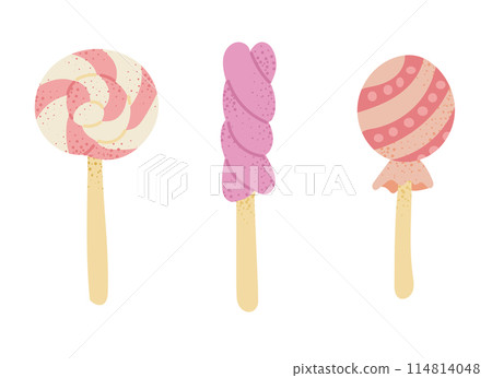 Collection of pastel colored hand drawn lollipops for kids. Vector holiday illustration. Flat drawings isolated on white background 114814048